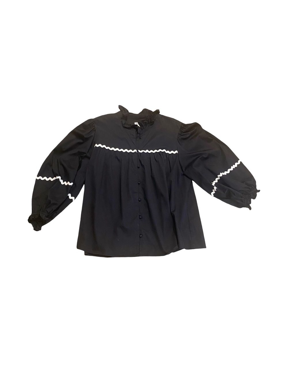 CROSBY by Mollie Burch XXL Blk Button-Front Puff-sl Top w/ White Zigzag Trim